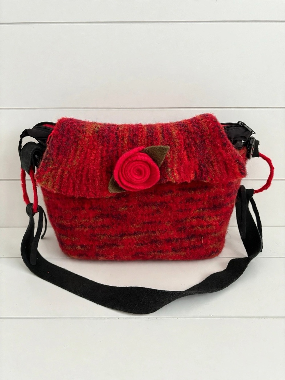 Red Wool Felted Flap Crossbody Purse Rose Flower Appliqué | Medium Size